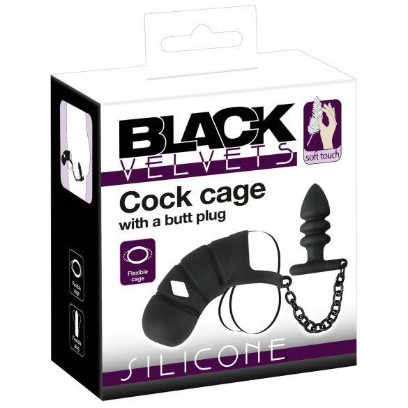 Black Velvet - Cage pénienne en silicone avec plug anal (noir)