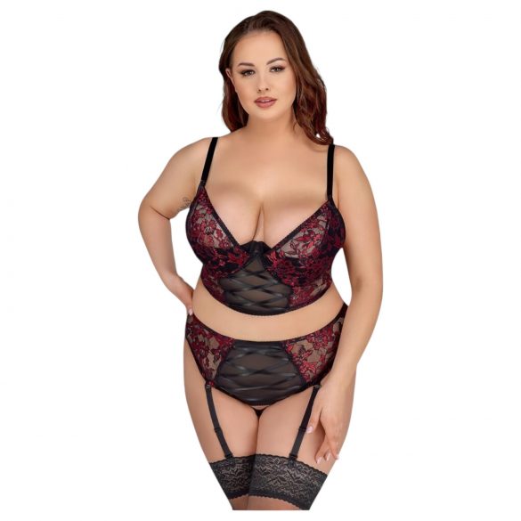 Cottelli Plus Size - ensemble soutien-gorge avec porte-jarretelles (noir-rouge)