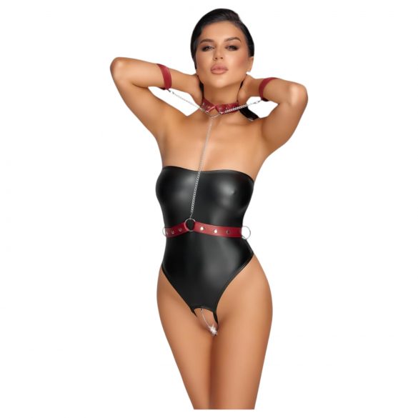 Cottelli Bondage - body brillant avec attaches pour les bras (noir-rouge)